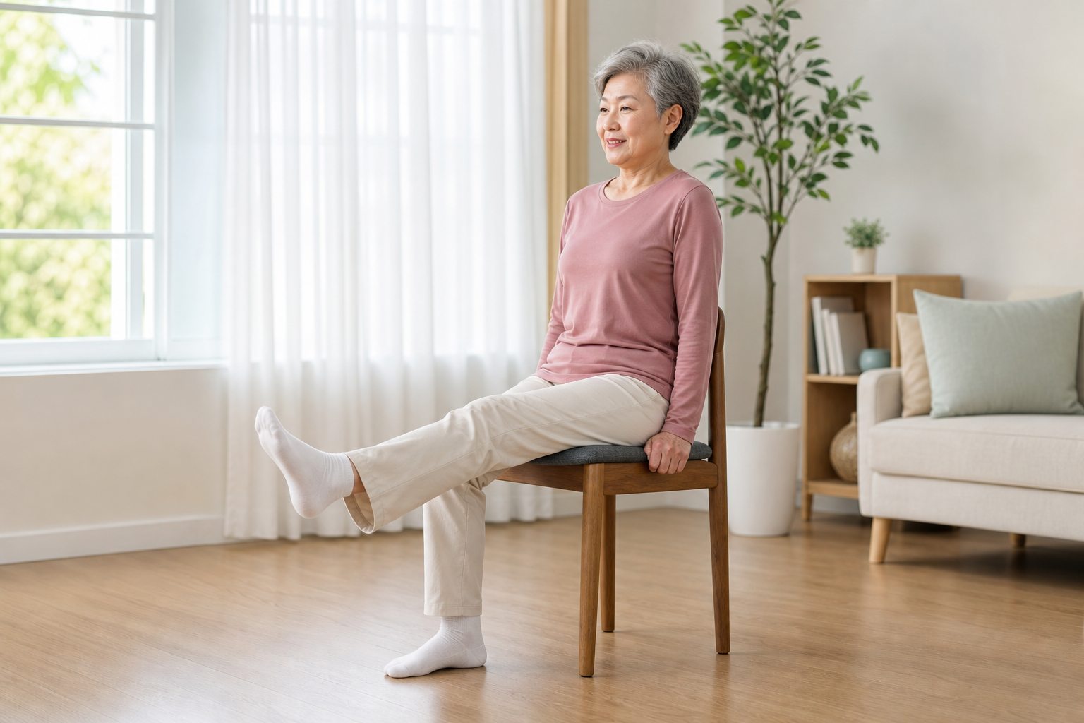 밝은 거실에서 튼튼한 의자에 앉아 한쪽 다리를 펴는 시니어