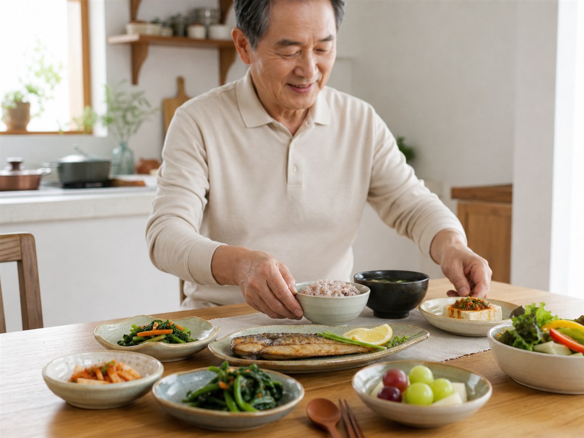 생선과 두부, 잡곡밥, 채소로 식사를 준비하는 시니어 남성