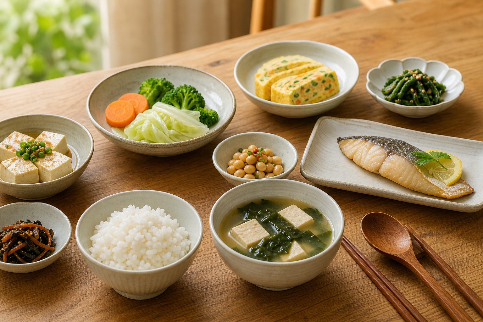 두부와 달걀 생선 콩 채소를 골고루 차린 식탁